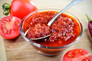 bowl of chutney on wooden surface next to fresh tomatoes