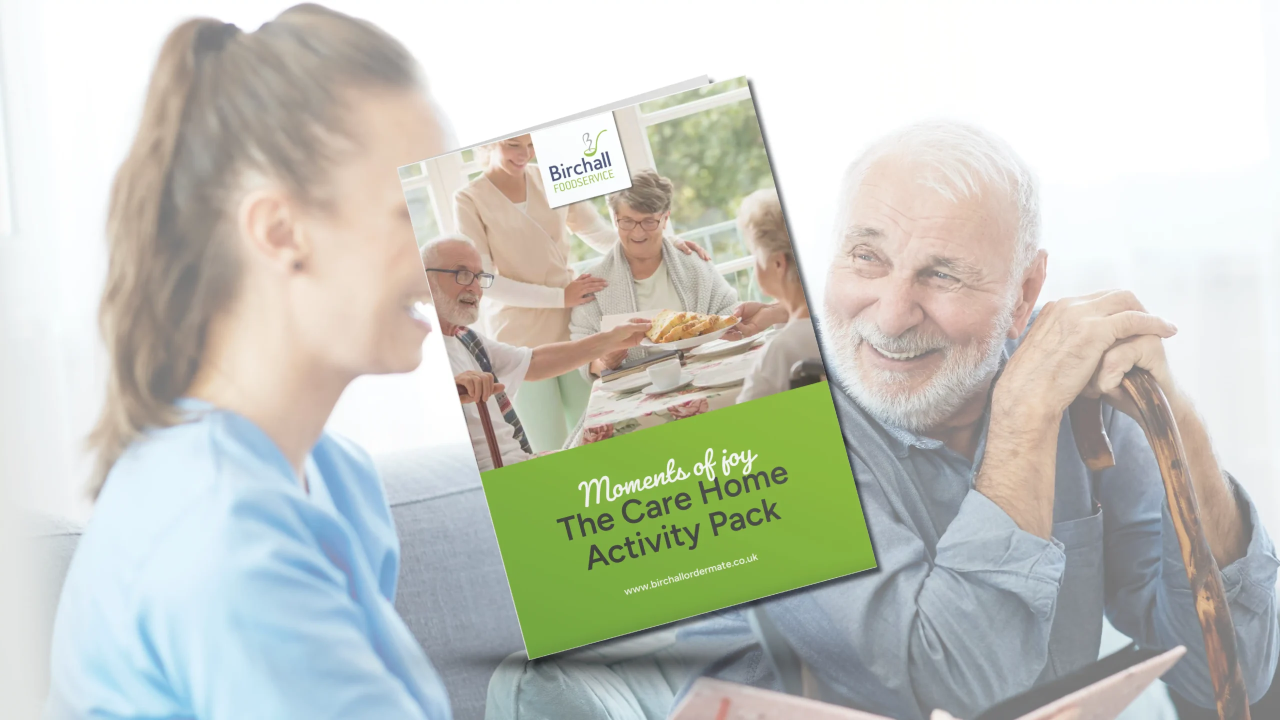 irchall Foodservice Care Home Activity Pack brochure with elderly residents and caregiver in background