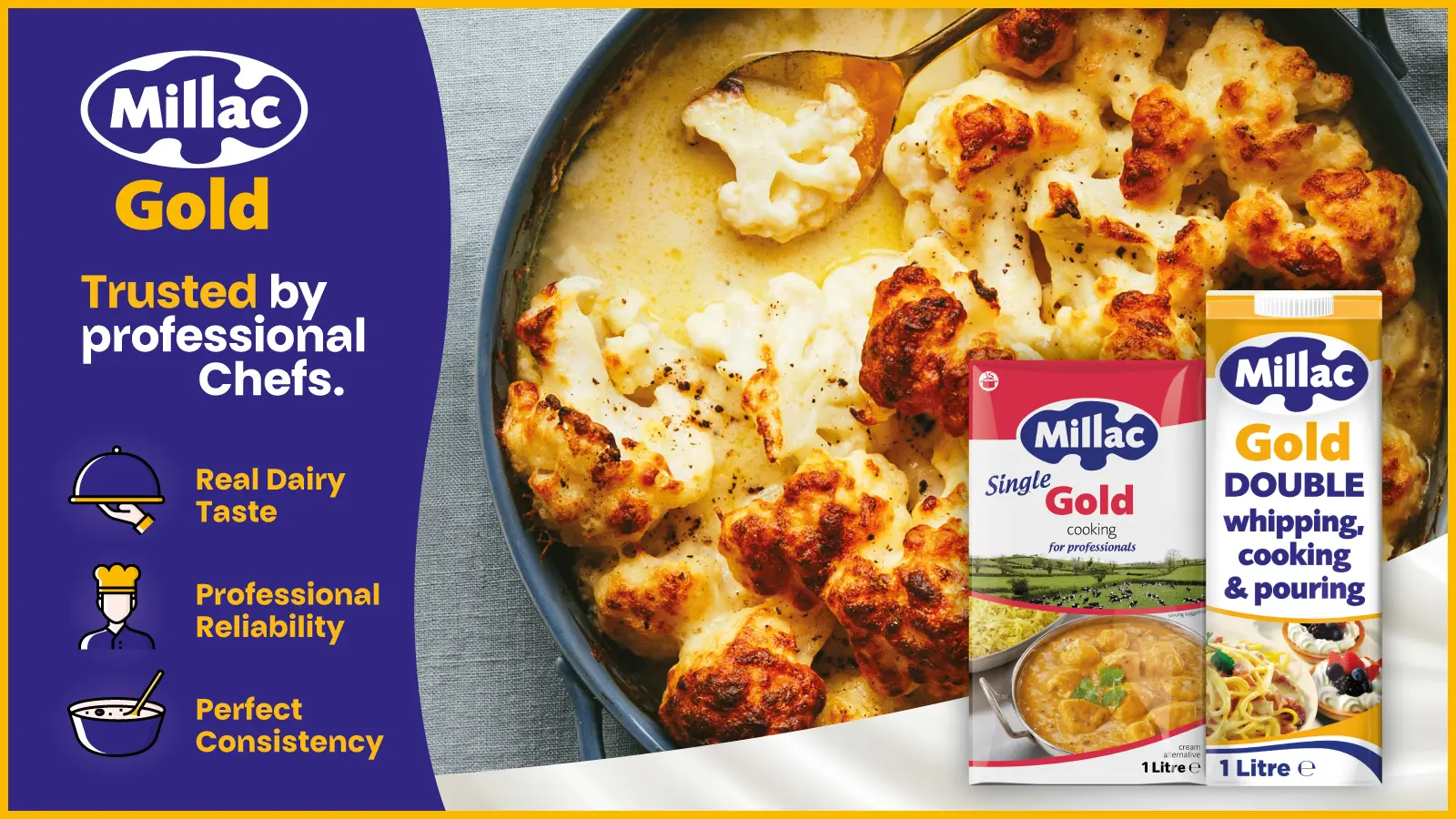 millac gold cartons in front of cauliflower cheese