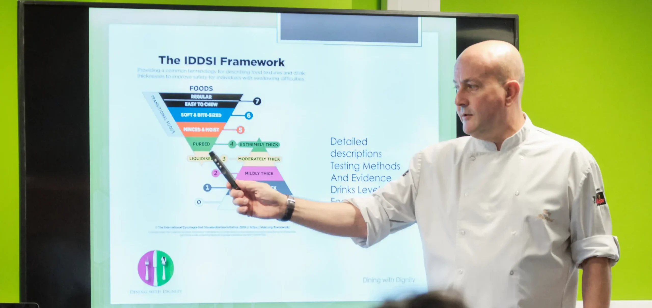 chef pointing at tv showing iddsi levels