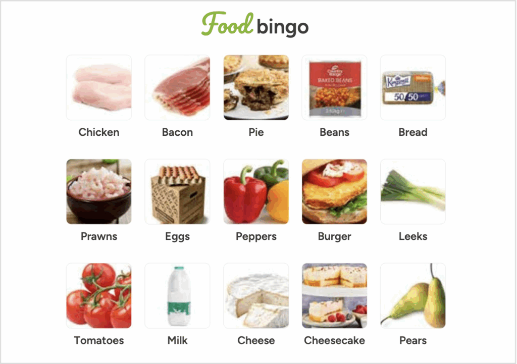 a bingo card with various food items