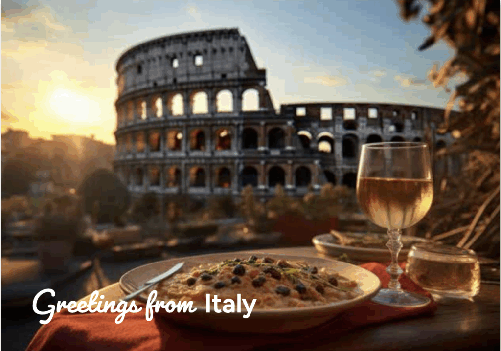 a meal and a glass of wine in front of the colosseum